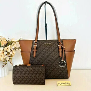 Michael Kors Charlotte Top Zip Tote shoulder bag & wallet brown signature